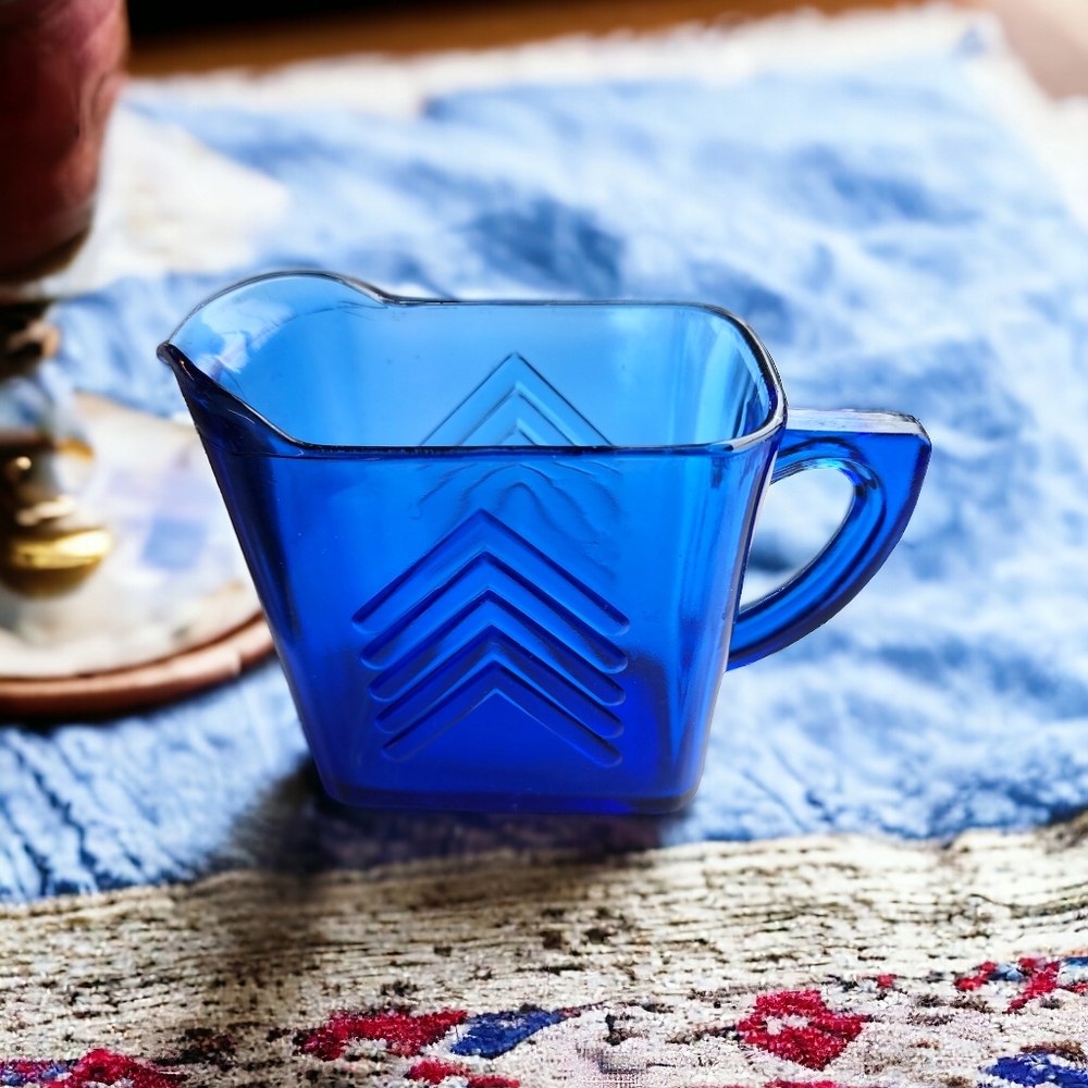 Vintage Hazel Atlas Chevron Cobalt Blue Pitcher 12 oz